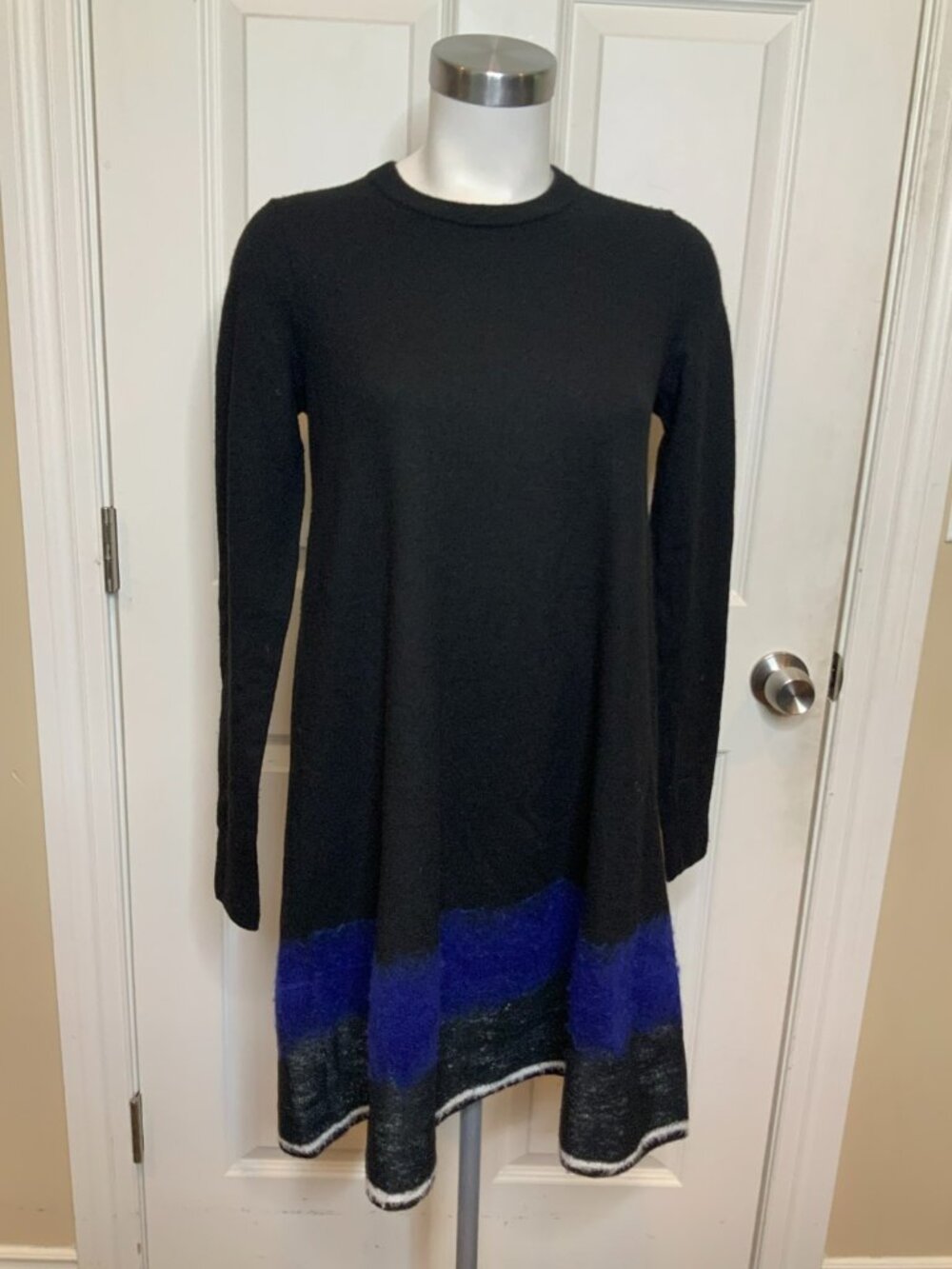 Proenza Schouler Black & Blue 100% Wool Long Sleeve Sweater Dress, Size Small
